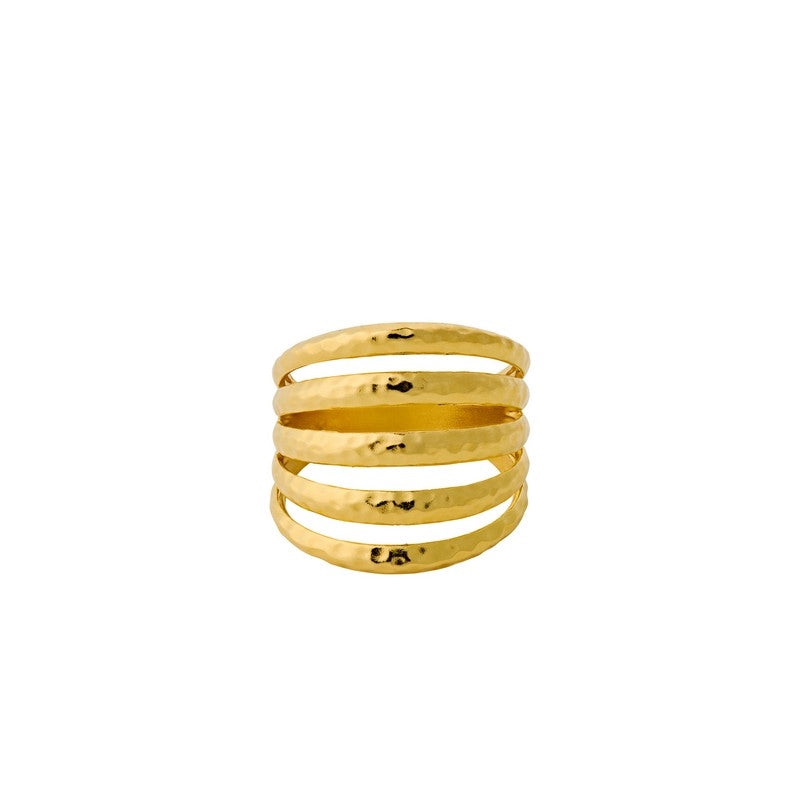 Poetry ring i forgyldt sølv fra Pernille Corydon i Autumn Poems-kollektionen med flere hamret bånd.